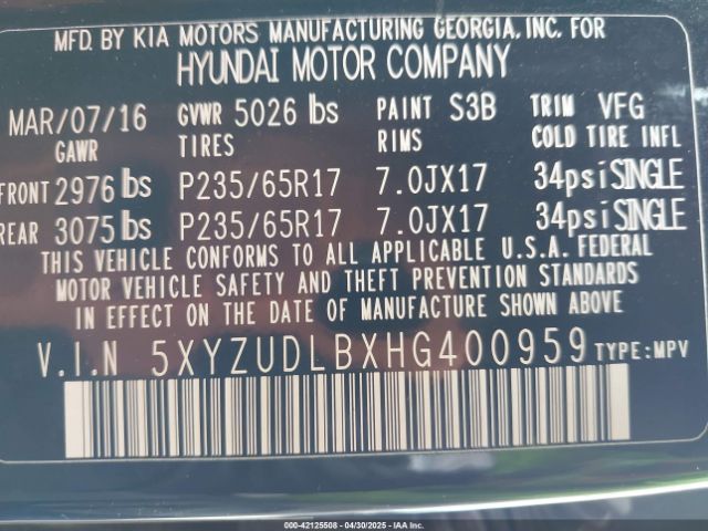 5XYZUDLBXHG400959 Hyundai Santa Fe Sport 2.4l