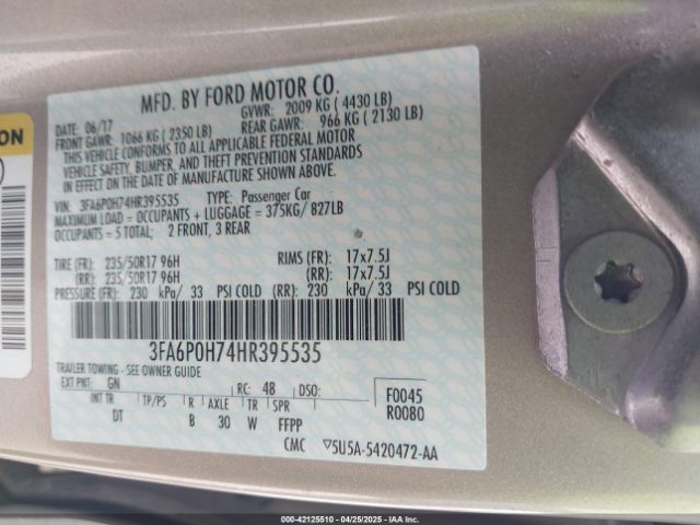 3FA6P0H74HR395535 Ford FUSION SE