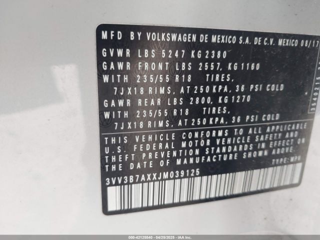 3VV3B7AXXJM039125 Volkswagen Tiguan 2.0t Se/2.0t Sel