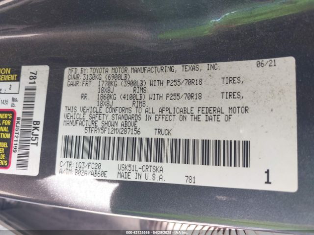 2021 TOYOTA TUNDRA 5TFRY5F12MX287156 Photo 8