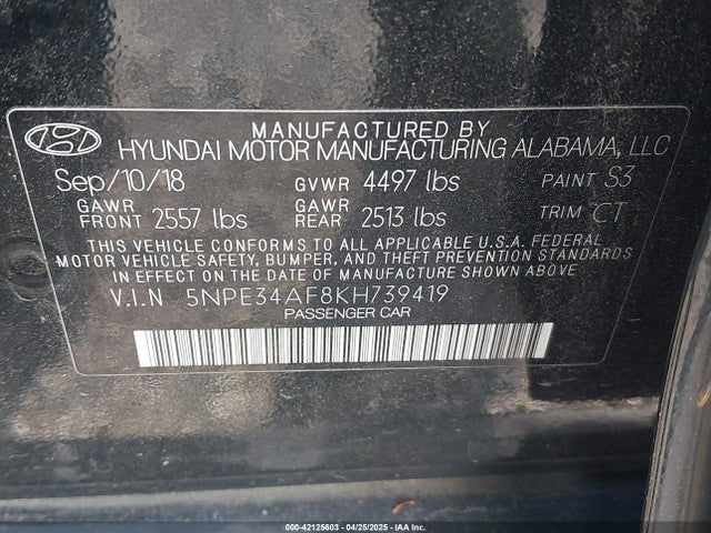 5NPE34AF8KH739419 Hyundai SONATA SEL