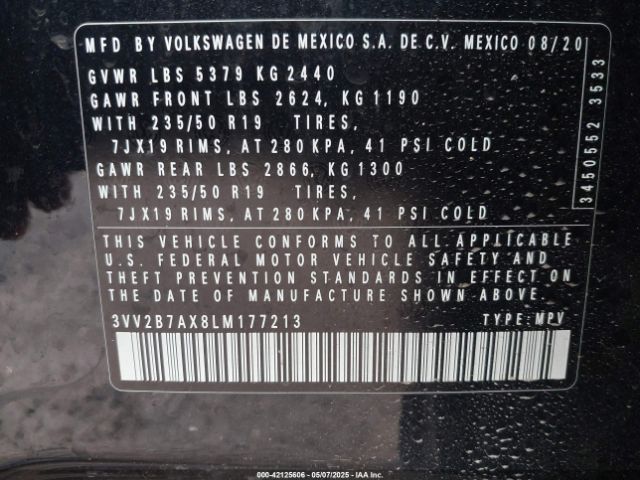 3VV2B7AX8LM177213 Volkswagen Tiguan 2.0t Se/2.0t Se R-line Black/2.0t Sel