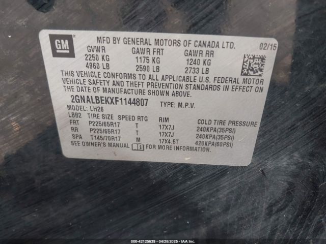 2GNALBEKXF1144807 Chevrolet EQUINOX 1LT