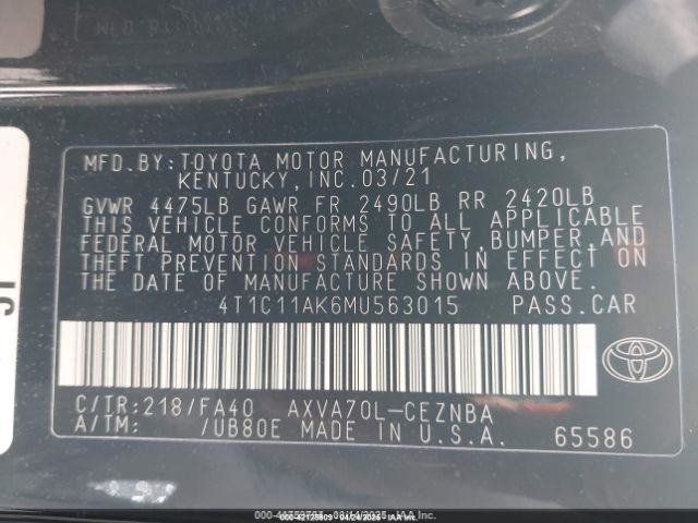 4T1C11AK6MU563015 Toyota CAMRY LE