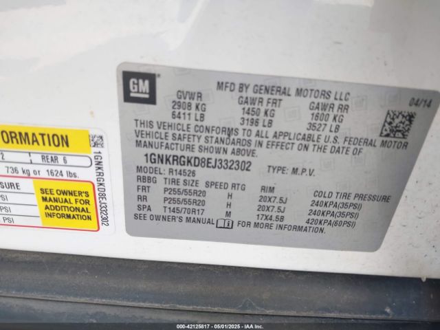 1GNKRGKD8EJ332302 Chevrolet Traverse 1lt