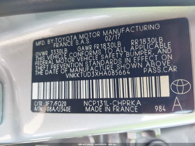 VNKKTUD3XHA085664 Toyota YARIS L