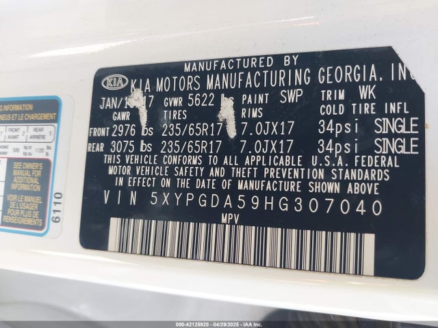 5XYPGDA59HG307040 KIA Sorento 3.3l Lx