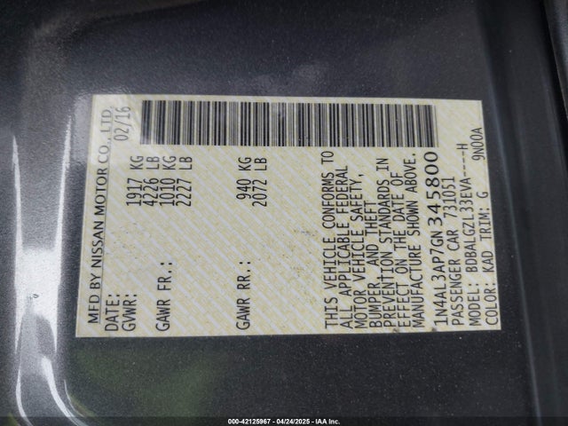 1N4AL3AP7GN345800 Nissan Altima 2.5 S