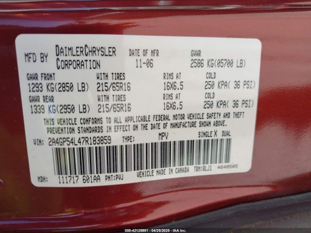 2007 CHRYSLER TOWN & COUNTRY 2A4GP54L47R183859 Photo 8