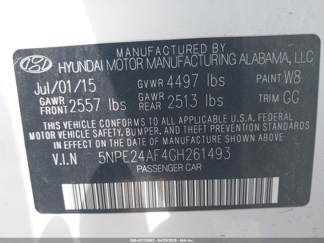5NPE24AF4GH261493 Hyundai SONATA SE