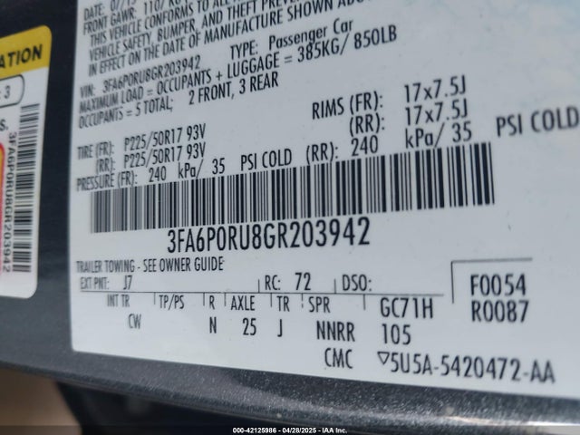 3FA6P0RU8GR203942 Ford 2016