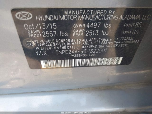 5NPE24AF9GH322501 Hyundai SONATA SE