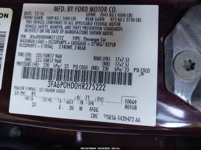 3FA6P0HD0HR275222 Ford FUSION SE