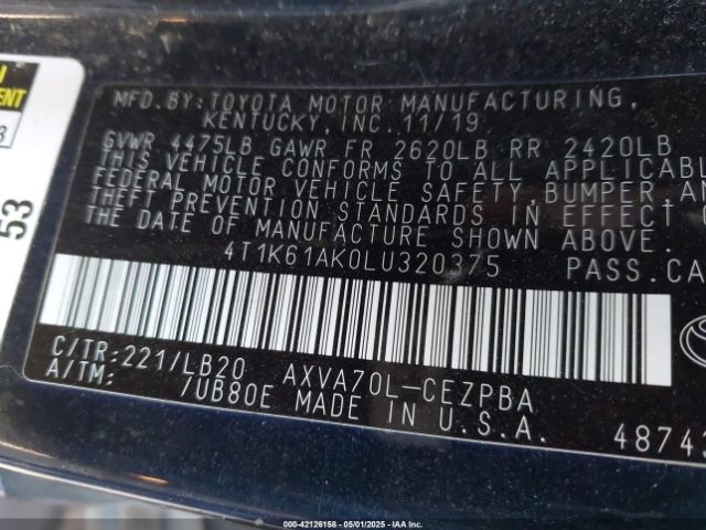 4T1K61AK0LU320375 Toyota CAMRY XSE