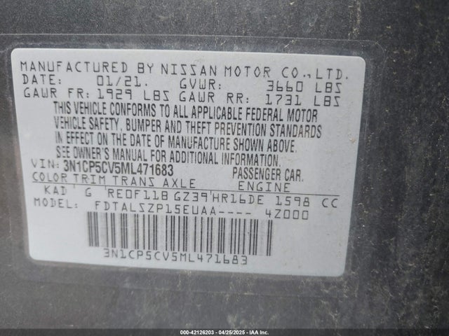 3N1CP5CV5ML471683 Nissan Kicks Sv Xtronic Cvt