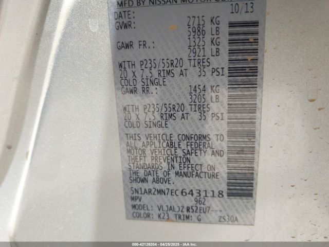 5N1AR2MN7EC643118 Nissan Pathfinder Platinum