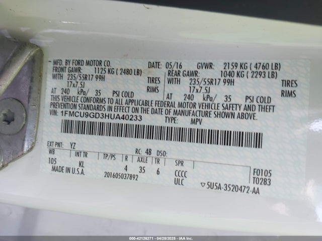 1FMCU9GD3HUA40233 Ford ESCAPE SE