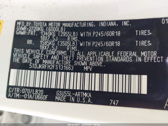 5TDJKRFH2FS131663 Toyota Highlander Xle V6