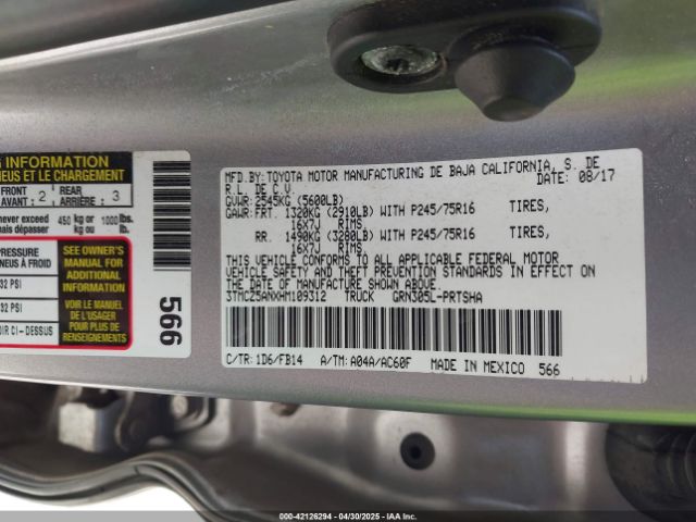 3TMCZ5ANXHM109312 Toyota Tacoma Sr V6