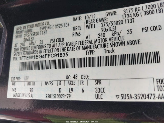 Ford F-150 Platinum 2015 1FTEW1EG4FFC91835 Image 9