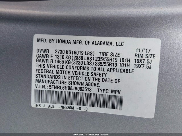 Honda Odyssey Elite 2018 5FNRL6H98JB062513 Image 9