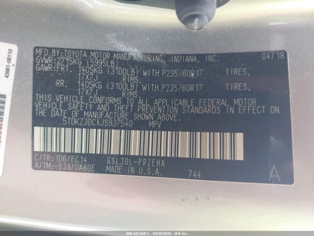 5TDKZ3DCXJS937540 Toyota Sienna Le 8 Passenger