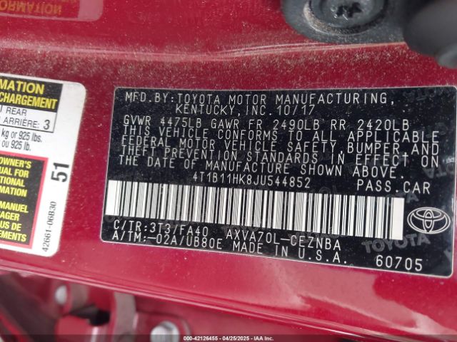 4T1B11HK8JU544852 Toyota CAMRY LE