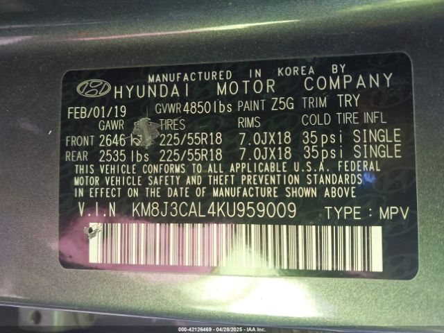 KM8J3CAL4KU959009 Hyundai TUCSON SEL