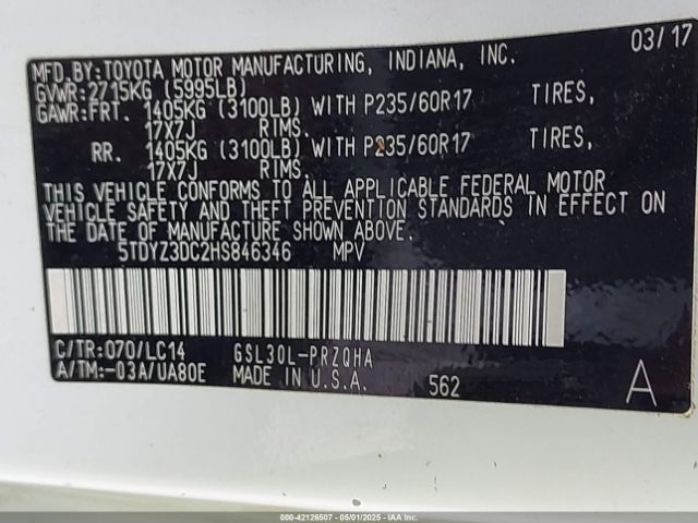 5TDYZ3DC2HS846346 Toyota Sienna Xle 8 Passenger
