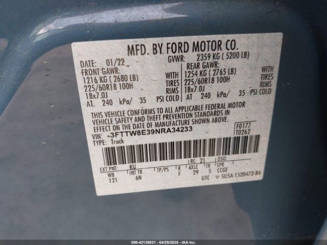 3FTTW8E39NRA34233 Ford Maverick Lariat