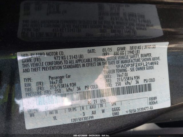 1FADP3F2XFL214692 Ford FOCUS SE