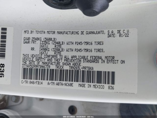3TYAX5GN9NT046739 Toyota Tacoma Sr