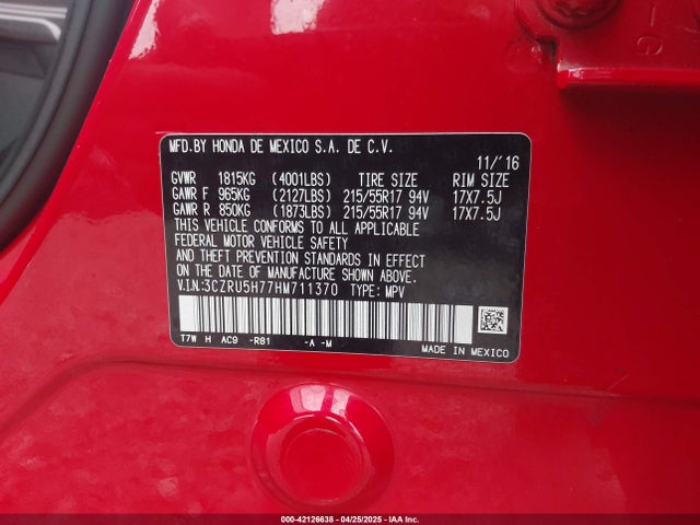 3CZRU5H77HM711370 Honda Hr-v Ex-l