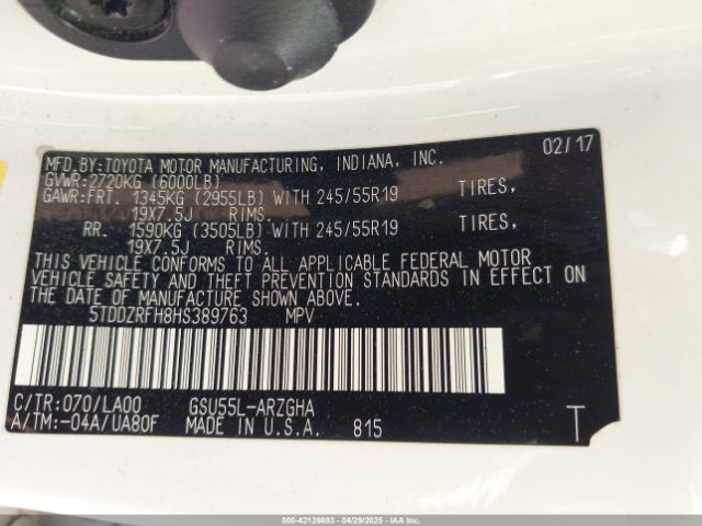 5TDDZRFH8HS389763 Toyota Highlander Limited
