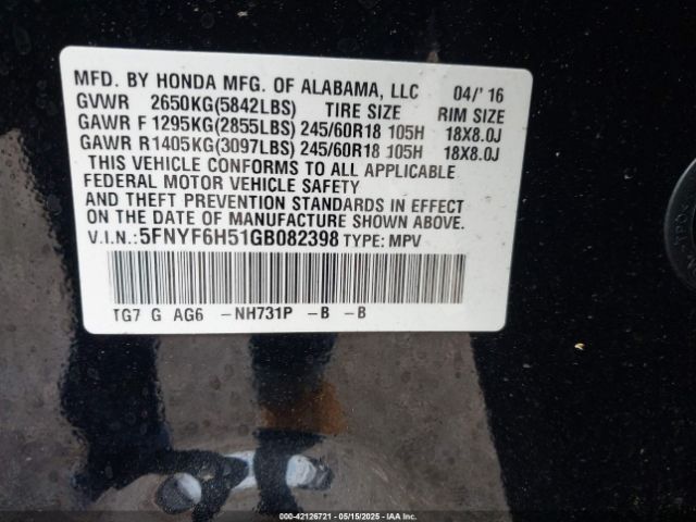 5FNYF6H51GB082398 Honda Pilot Ex-l