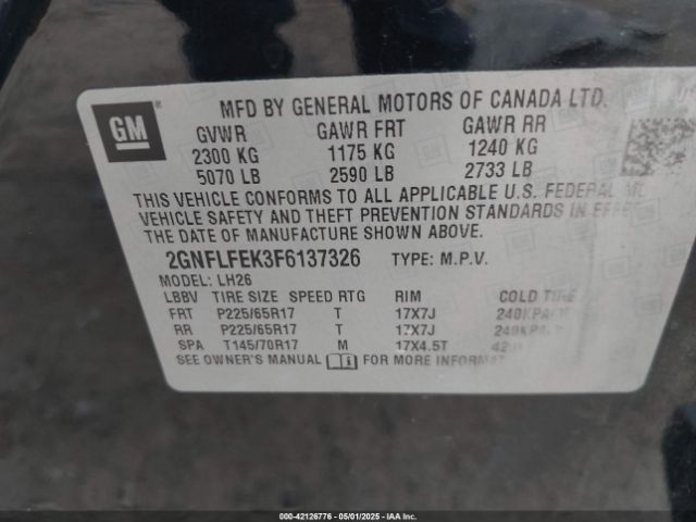 2GNFLFEK3F6137326 Chevrolet EQUINOX 1LT