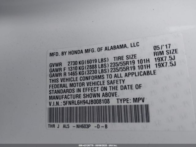 5FNRL6H94JB008108 Honda Odyssey Elite