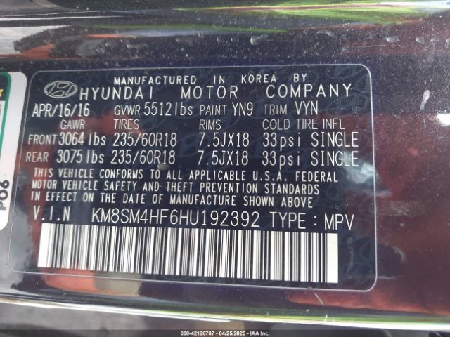 KM8SM4HF6HU192392 Hyundai Santa Fe Se