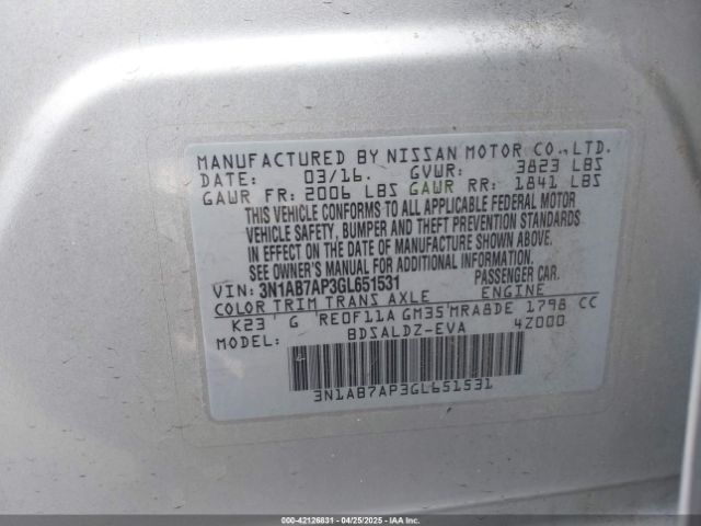 3N1AB7AP3GL651531 Nissan Sentra Fe+ S/s/sl/sr/sv