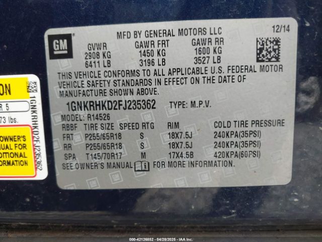 1GNKRHKD2FJ235362 Chevrolet llt