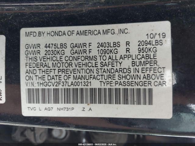 1HGCV2F37LA001321 Honda Accord Sport 2.0t