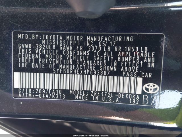 5YFBURHEXHP693887 Toyota COROLLA L