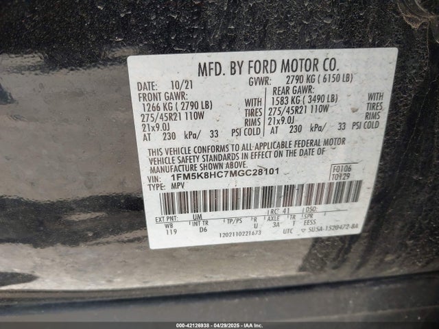 1FM5K8HC7MGC28101 Ford Explorer Platinum