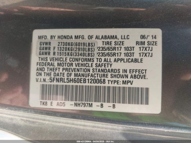 5FNRL5H60EB120068 Honda Odyssey Ex-l