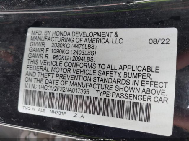 1HGCV2F32NA017395 Honda Accord Sport 2.0t