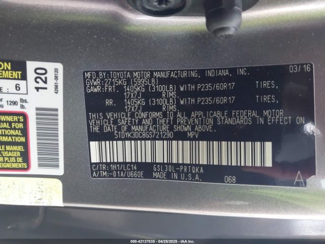 5TDYK3DC8GS721290 Toyota Sienna Xle 8 Passenger