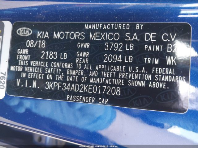 3KPF34AD2KE017208 KIA FORTE S