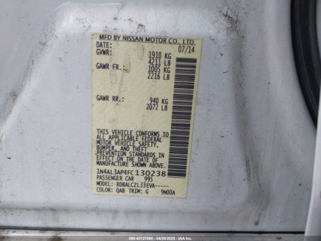 1N4AL3AP4FC130238 Nissan Altima 2.5/2.5 S/2.5 Sl/2.5 Sv