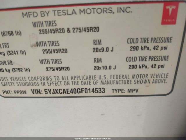 5YJXCAE40GF014533 Tesla Model X 60d/p100d/p90d