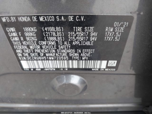 3CZRU6H51MM720595 Honda Hr-v Awd Ex